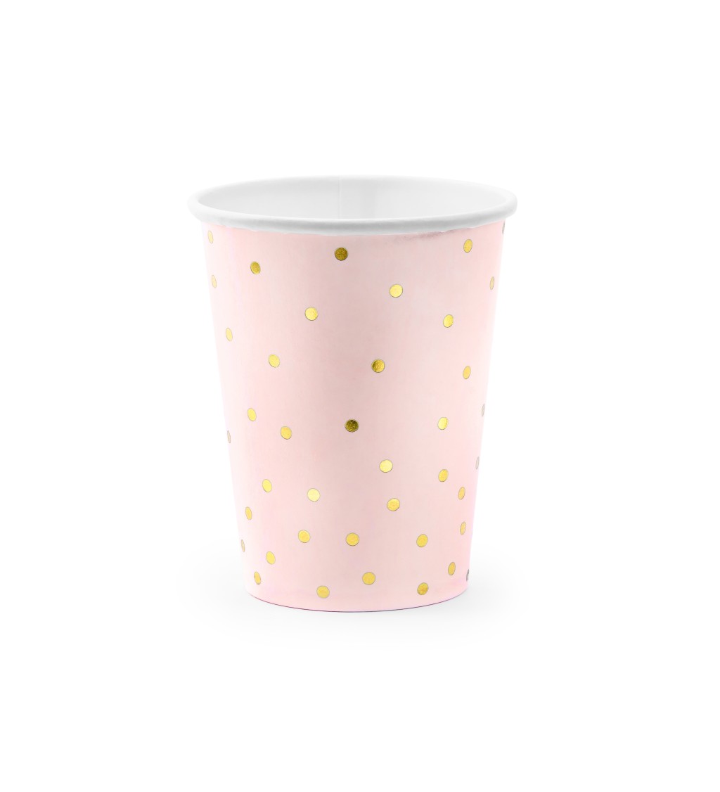 Világos rózsaszín csészék arany pöttyökkel