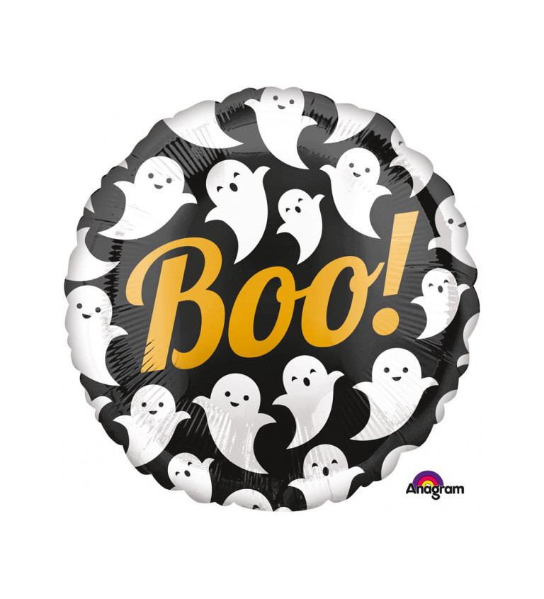 Fólia lufi - kerek, "Boo!" felirattal.